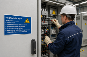 Sicherheitsaushang „5 Sicherheitsregeln" nach DIN VDE 0105-100 – Hochspannung