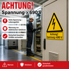 Warn-Kombischild „Achtung! Spannung >690 V" – Hochspannung – Folienaufkleber 210 × 238 mm