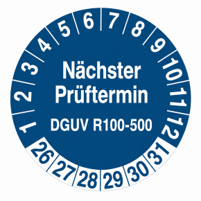Prüfplaketten "Nächster Prüftermin DGUV R100-500" 30 mm auf Rolle – 500 Stück – UV-beständig