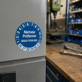 Prüfplaketten "Nächster Prüftermin DGUV R100-500" 30 mm auf Rolle – 500 Stück – UV-beständig