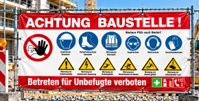 Bauzaunbanner | Baustellenbanner mit Sicherheitszeichen (Standardmotiv) rot Mesh-Banner 290 g/m² / 1700 x 865 mm