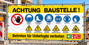 Bauzaunbanner | Baustellenbanner mit Sicherheitszeichen (Standardmotiv) gelb Mesh-Banner 290 g/m² / 2550 x 1298 mm