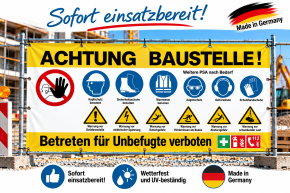 Bauzaunbanner | Baustellenbanner mit Sicherheitszeichen (Standardmotiv) gelb Mesh-Banner 290 g/m² / 2550 x 1298 mm