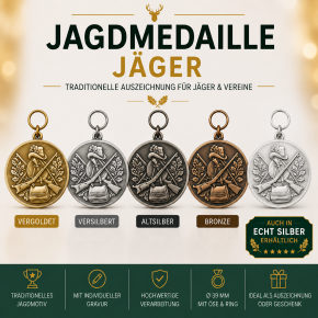 Medaille "JAGEN / JAGD",  mit Öse & Ring Ø 39 mm, 62389 versilbert