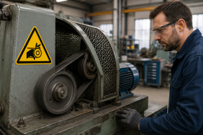 Warnschild „Warnung vor Handverletzung durch Riemenantrieb" – praxisbewährtes Warnzeichen