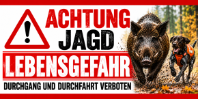 Jagdbanner „ACHTUNG JAGD – LEBENSGEFAHR“ 200 × 100 cm – Keiler / Wildschwein