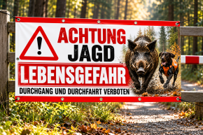 Jagdbanner „ACHTUNG JAGD – LEBENSGEFAHR“ 200 × 100 cm – Keiler / Wildschwein
