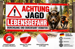 Jagdbanner „ACHTUNG JAGD – LEBENSGEFAHR“ 200 × 100 cm – Keiler / Wildschwein