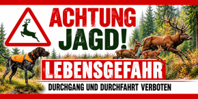 Jagdbanner „ACHTUNG JAGD – LEBENSGEFAHR“ 200 × 100 cm – Hirsch / Rotwild