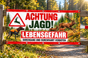 Jagdbanner „ACHTUNG JAGD – LEBENSGEFAHR“ 200 × 100 cm – Hirsch / Rotwild