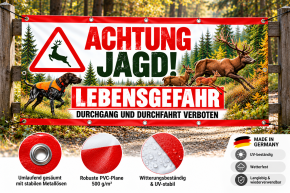 Jagdbanner „ACHTUNG JAGD – LEBENSGEFAHR“ 200 × 100 cm – Hirsch / Rotwild