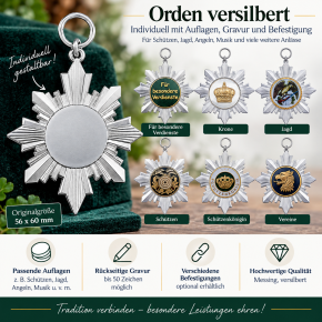 Orden 56 × 60 mm versilbert – individuell mit Auflage, Gravur & Befestigung