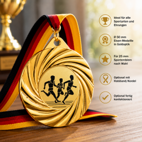 Eisen-Medaille Ø 50 mm gold – Sportmedaille mit Emblem nach Wahl