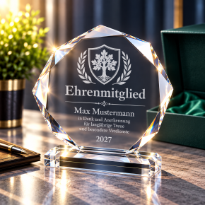 Acryl-Trophäe „Achteck“ mit Lasergravur – 18 mm stark