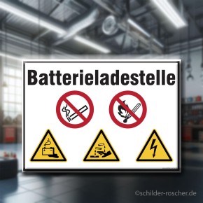 Sicherheits­schild „Batterieladestelle“ mit Warn- & Verbotssymbolen
