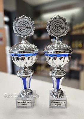 Pokal Paul 278 mm Ø 80 silber-blau Marmor 55x30 weiß E1264