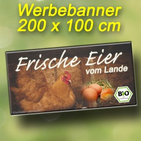 Werbebanner 200 × 100 cm – Standardmotiv | Optional individuell gestaltbar | Eier zu verkaufen