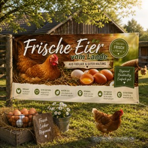 Werbebanner 200 × 100 cm – Standardmotiv | Optional individuell gestaltbar | Eier zu verkaufen