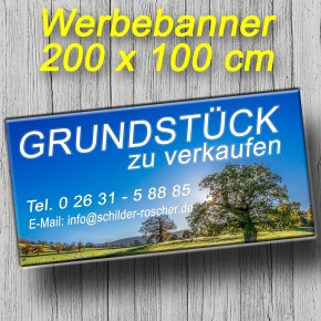 Werbebanner 200 × 100 cm – Standardmotiv | Optional individuell gestaltbar | Grundstück zu verkaufen