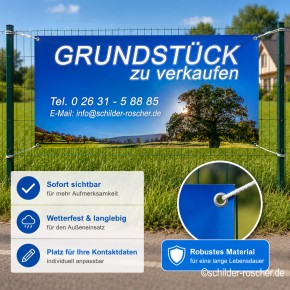 Werbebanner 200 × 100 cm – Standardmotiv | Optional individuell gestaltbar | Grundstück zu verkaufen