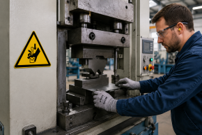 Warnschild „Warnung vor Quetschgefahr der Hand zwischen den Werkzeugen einer Presse" – W030 nach DIN EN ISO 7010