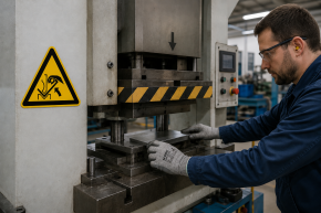 Warnschild „Warnung vor Quetschgefahr der Hand zwischen Presse und Werkstück" – nach DIN EN ISO 7010 W031