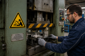 Warnschild „Warnung vor hochschnellendem Werkstück in einer Presse" – W032 nach DIN EN ISO 7010