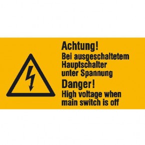 Warn-Kombischild "Achtung! Bei ausgeschaltetem Hauptschalter unter Spannung!" - Mehrsprachig / 65 x 32 mm / 6 Stück auf Bogen